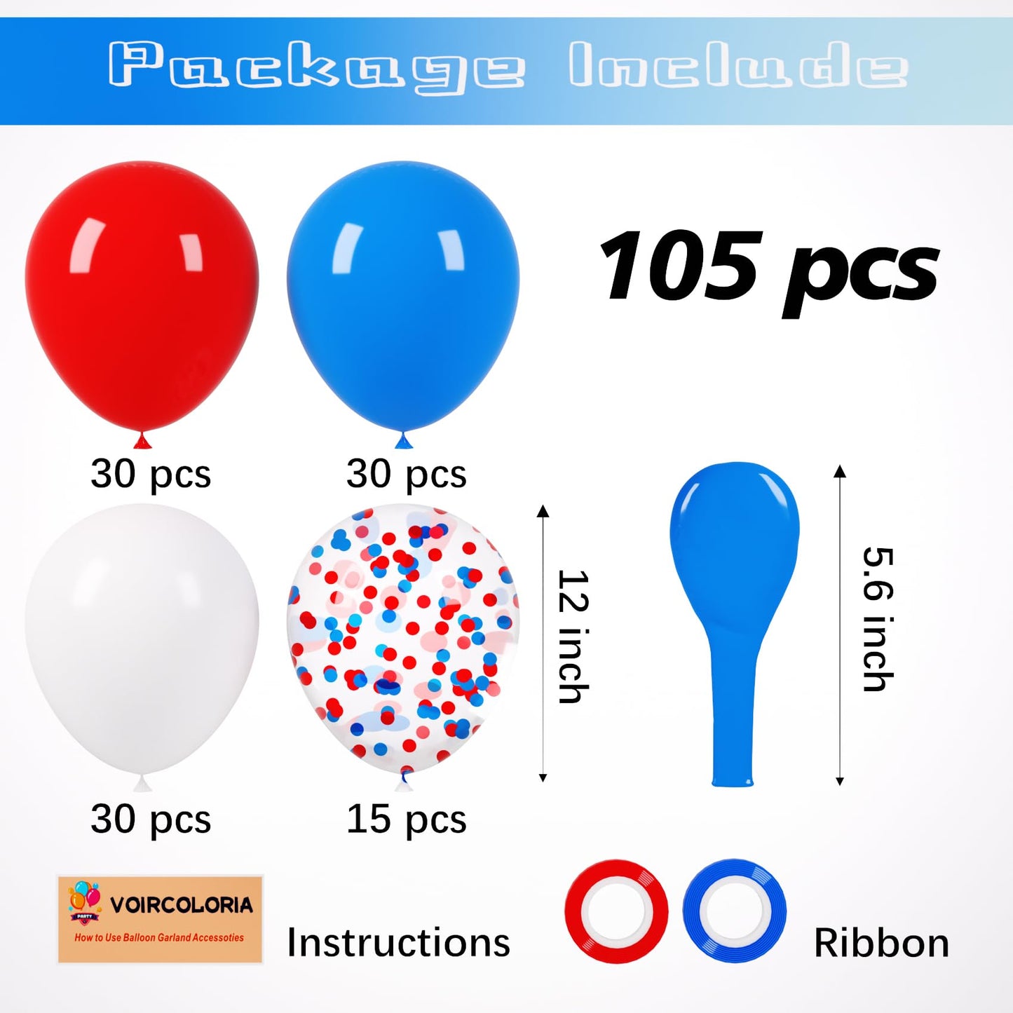 Voircoloria 105Pcs Red White Blue Balloons 12Inch Party Latex Balloons For 4Th Of July Independence Day Graduation Anniversary P