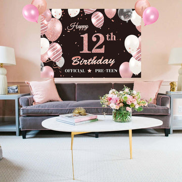 12Th Birthday Decorations For Girls, Black Rose Gold 12Th Birthday Backdrop Banner, Official Pre-Teen 12Th Birthday Party Suppli