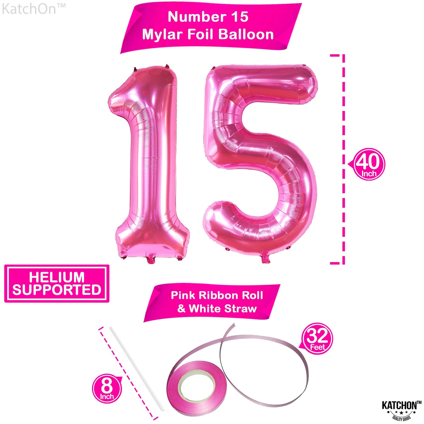 Katchon, Hot Pink 15 Balloons Number - 40 Inch | Pink 15 Birthday Balloons, Pink 15Th Birthday Decorations For Girls | Quinceanera Decorations | 15 Year Old Balloon, 15 Birthday Decorations For Girls