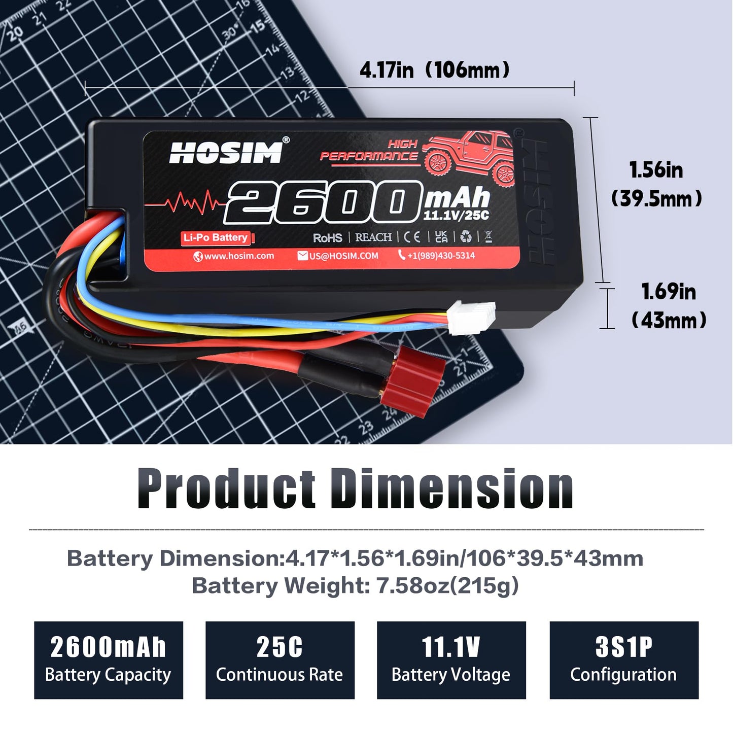 Hosim 2PCS 11.1V 25C 2600mAh Li-po Battery with 1 USB Chargers & 1 Battery Strap for Brushless RC Car Truck RC Vehicles Boat Bat