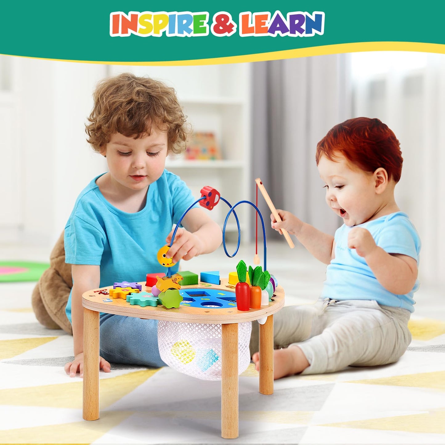 Oathx Activity Table For 1+ Year Old, 6 In 1 Wooden Montessori Activity Center Play Table With Bead Maze Shape Sorter Fishing Game, Kids Sensory Educational Toddler Learning Toys 1St Birthday Gifts
