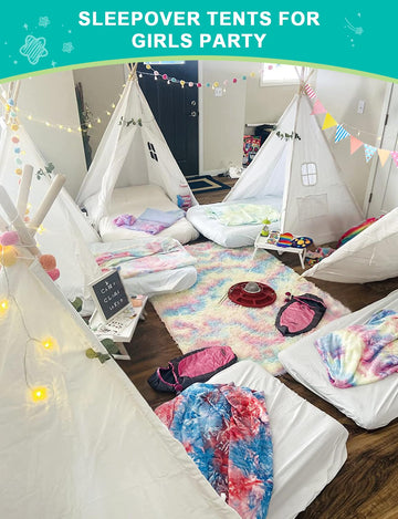 Teepee Tent For Kids Slumber Party 6 Pack - Inflatable Airbed & Star Lights & Colored Flag - Indoor Outdoor Toddler Play Tent Fo