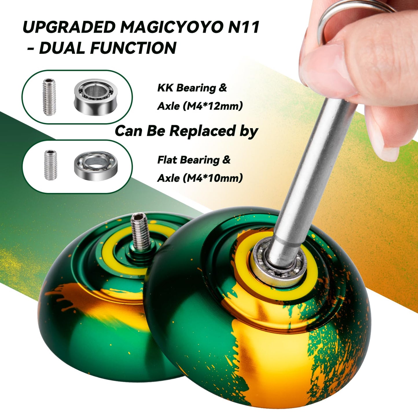 Magicyoyo Dual Purpose Yoyo N11 - Responsive Yoyo For Kids 8-12 Or Above & Unresponsive Yoyo For Advanced With Yoyo Glove + Bag + Unresponsive Bearing Kit + 12 Yoyo Strings - Green Golden