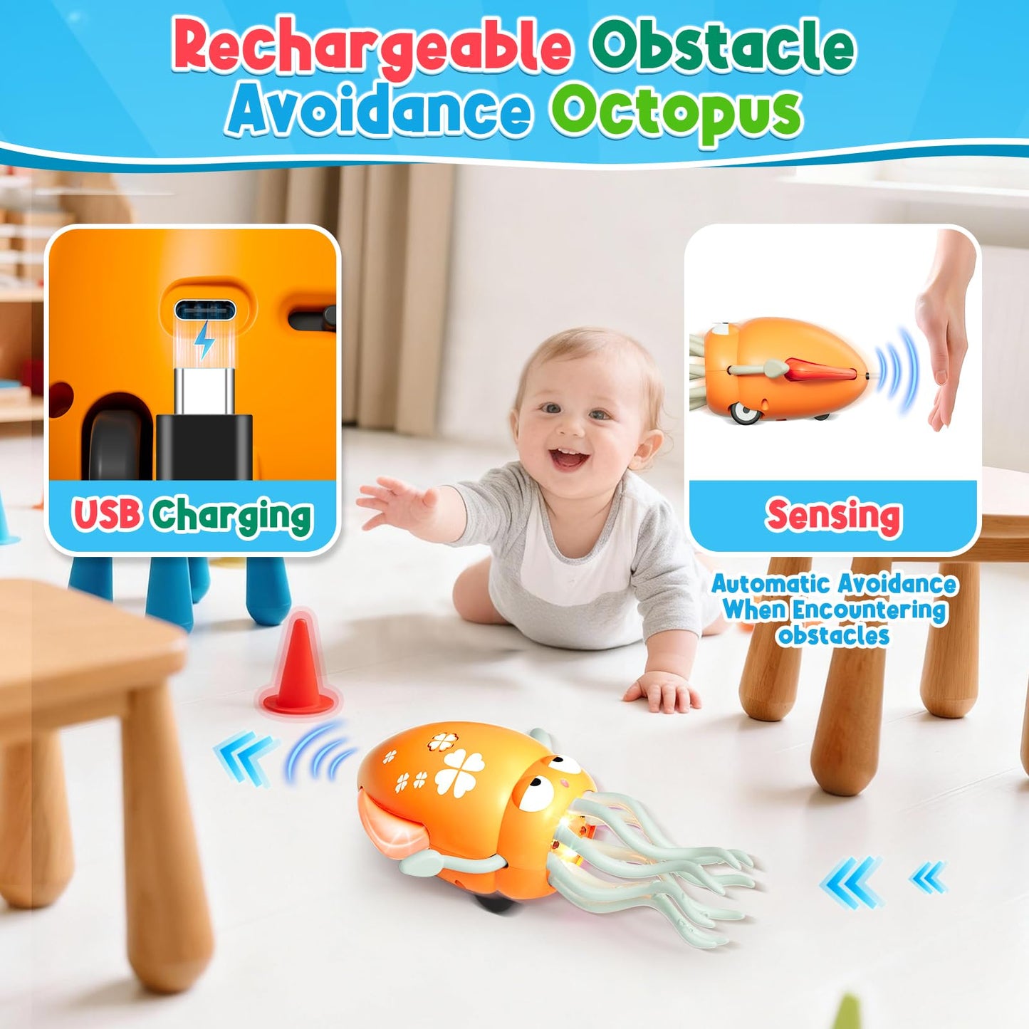 Dancing Squid Baby Toy, Electric Crawling Octopus Tummy Time Toy, Rechargeable Magic Dancing Music Squid Baby Toys for 3 4 5 6 Y