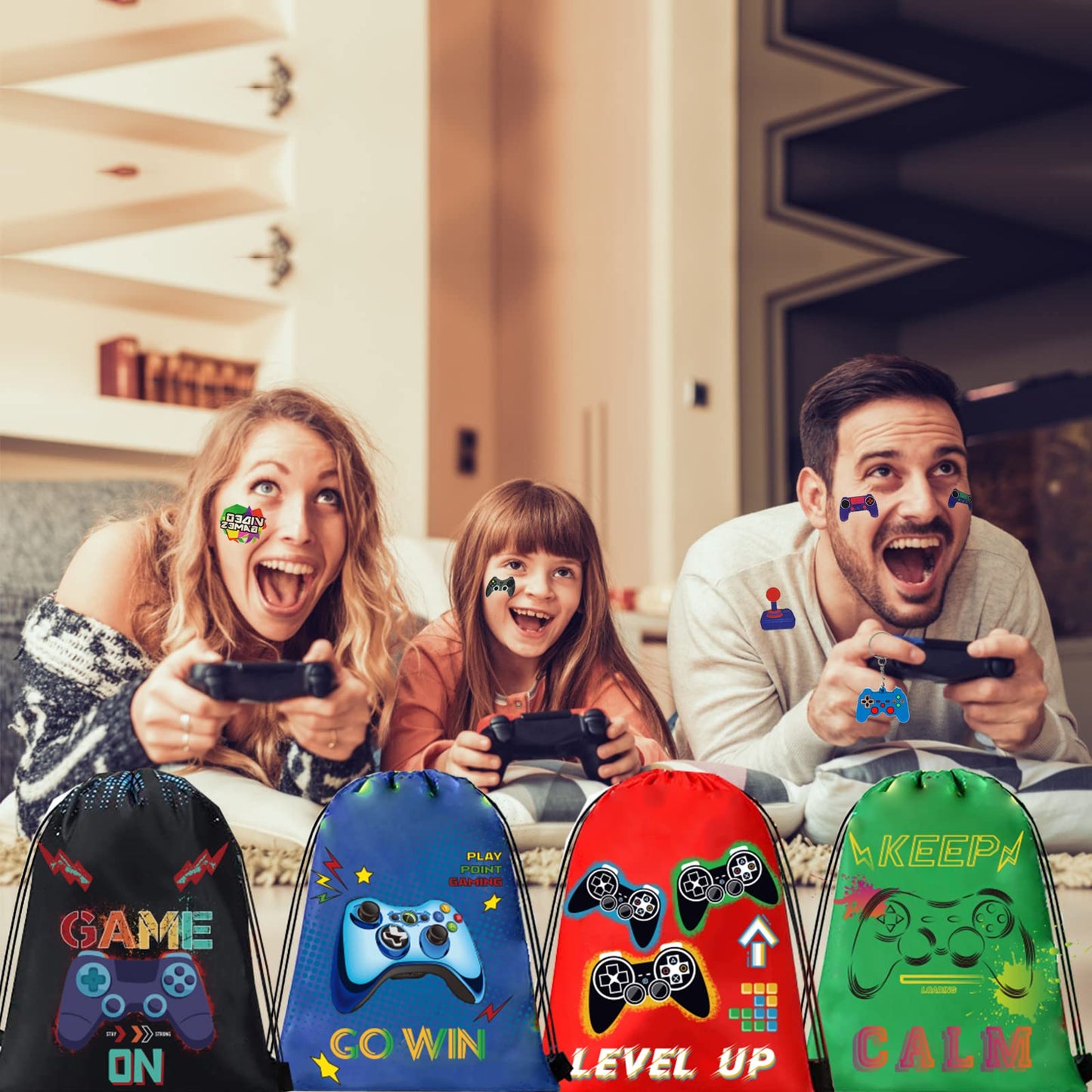 Bluegogo 61 Pcs Video Game Party Favors Set - Drawstring Bags, Slap Bracelets, Keychains & Stickers for Kids Gaming Parties, Blue
