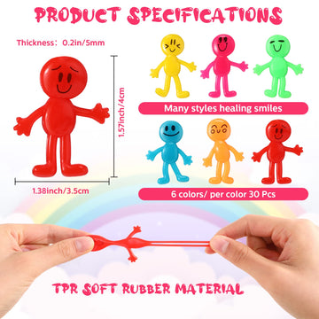 180 Pcs Stretchy Bendable Man Stretchable Smile Figures Assorted Color Bendy Toy Treasure Box Toy for Classroom Carnival Party Prizes Bag Filler Stocking Stuffer Stress Anxiety Relief Toys 6 Styles