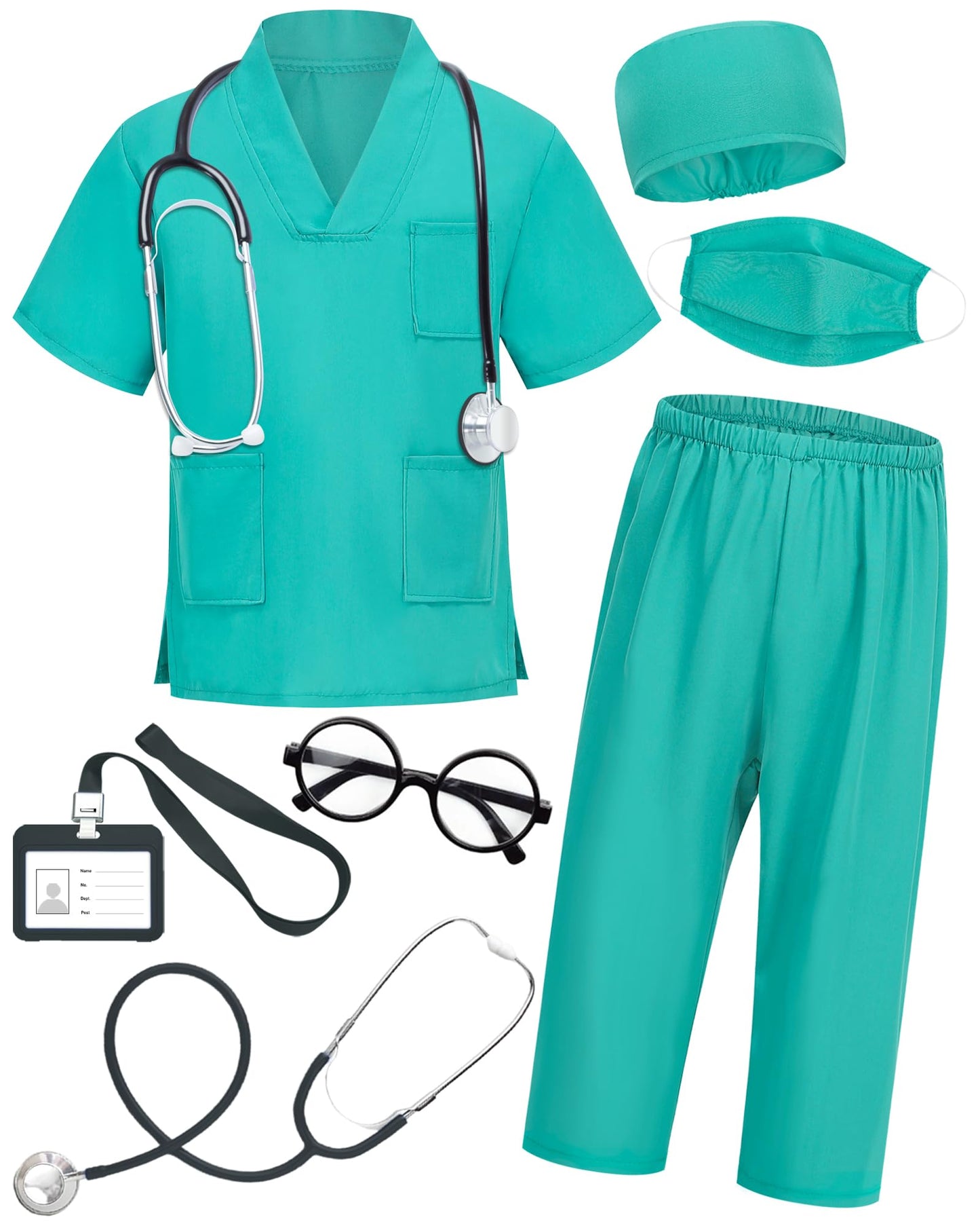 Icecute Doctor Scrubs For Kids,7 Pcs Scrubs Costume With Accessories,Halloween Costume For Boy Girls,3-11 Years (Green, 10-11Yea