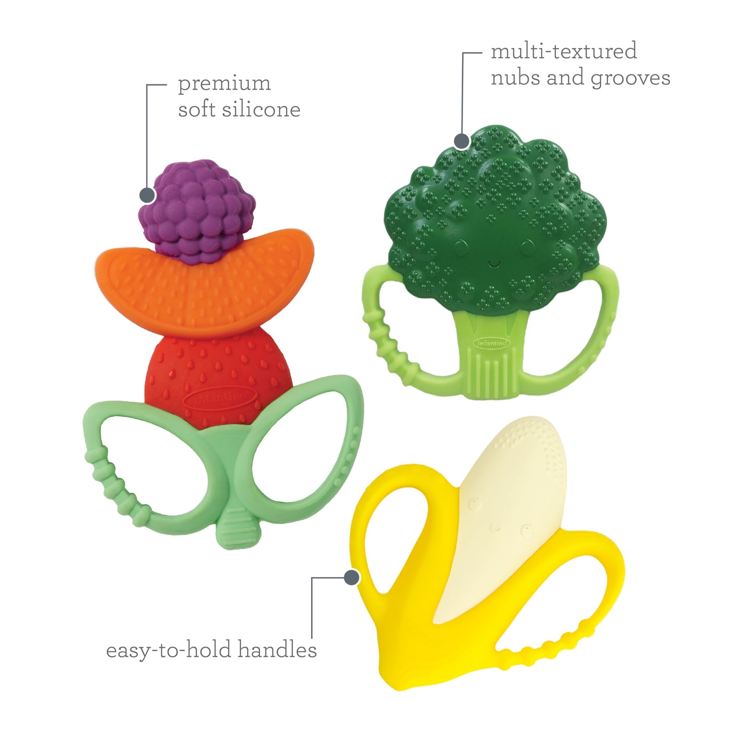 Infantino Farmers Market Teether Gift Set - Set Of 3 Bpa-Free Fruit & Veggie Textured Silicone Teethers For Soothing Sore Gums,