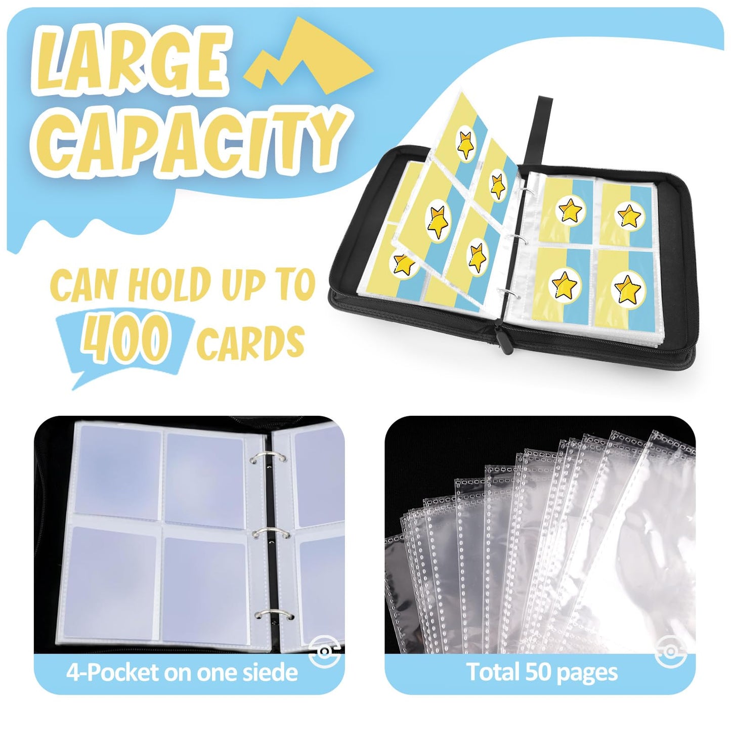 Card Binder 4-Pockets, 400 Pockets Card Holder With 50 Removable Sleeves, Trading Card Collector Zipper Album Holder, Yellow Blu