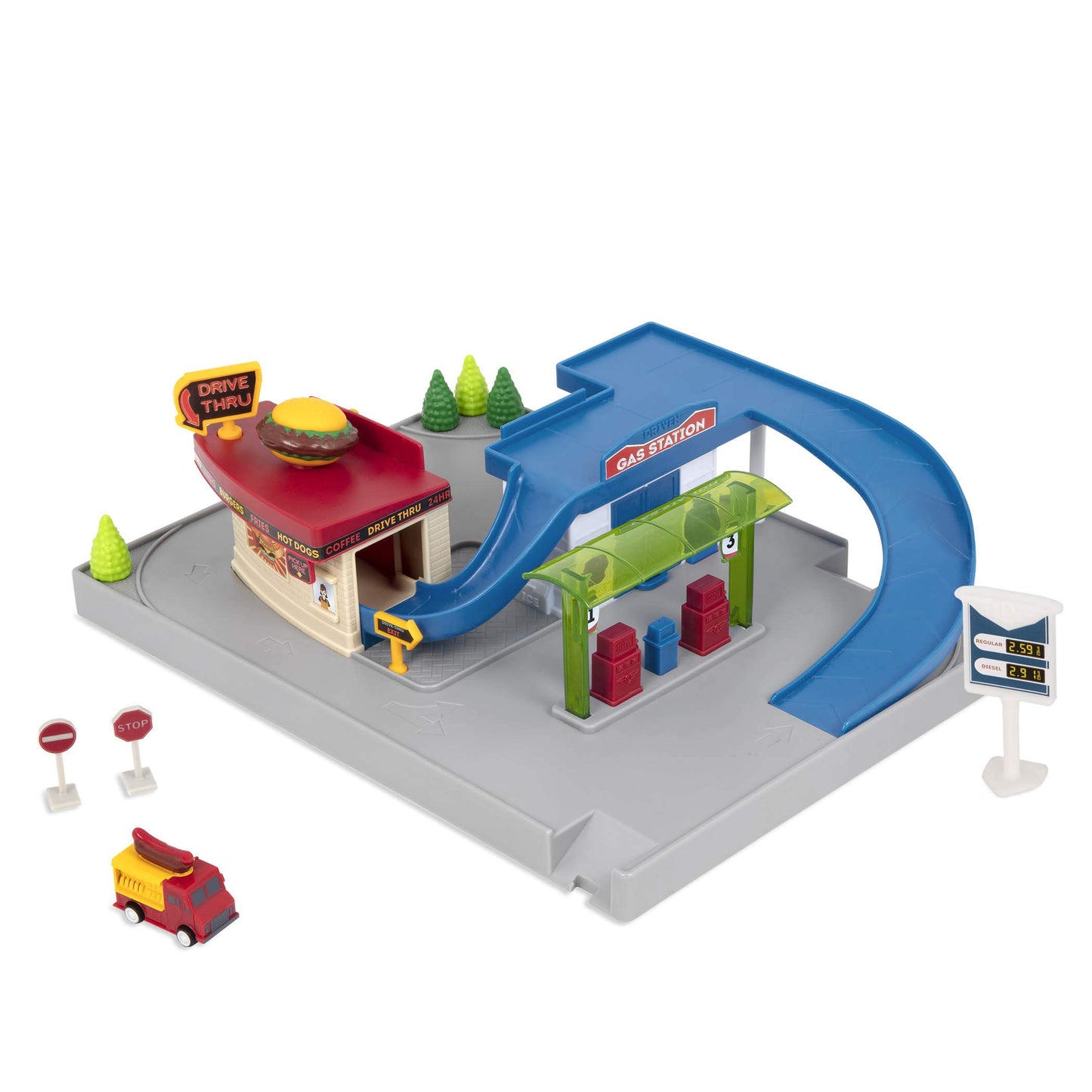 Driven By Battat Kids Gas Station & Drive-Thru Restaurant Playset With Food Truck - Toddler Boy Toys With Moving Parts - Compatible With Pocket Series Tracks - Toddler Toys