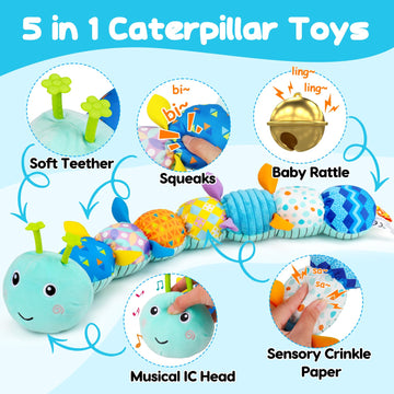 Baby Tummy Time Toy 0-6 Month Musical Stuffed Animal Plush Caterpillar Toy For Infant 6-12 Month Teething Sensory Toy With Crink