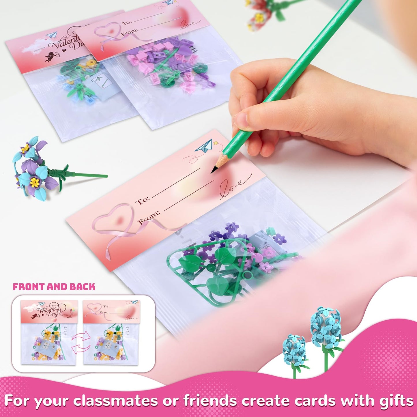 Uiseba Valentines Day Gifts For Kids Classroom/School,24Pcs Building Blocks Flower Kits And Valentines Cards,Toys For 3+ Years O