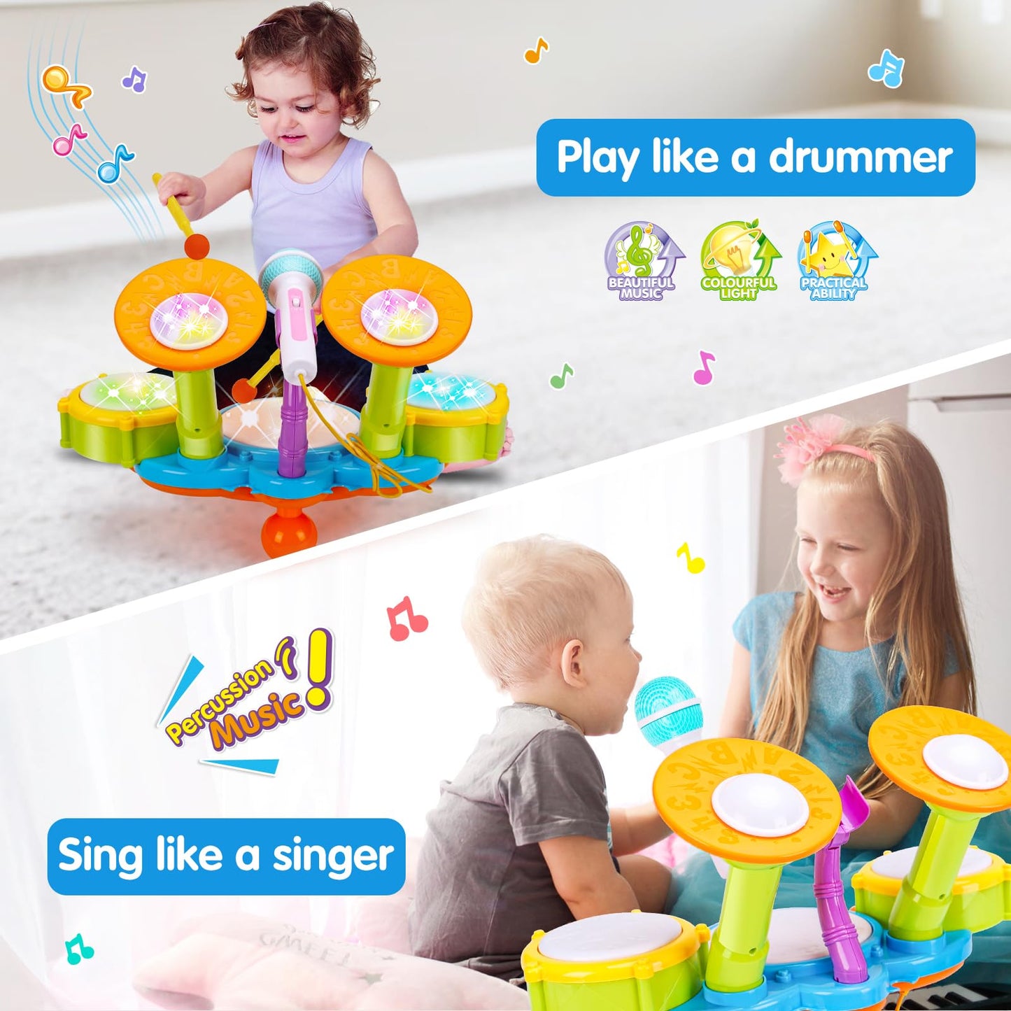 Drum Set For Toddlers 1-3 Musical Toys With 2 Sticks Microphone For 6-12 18 Months Baby Music Instruments Montessori Learning Toy Kids Toddler Drums Christmas Birthday Gift For 1 2 3 Year Old Boy Girl