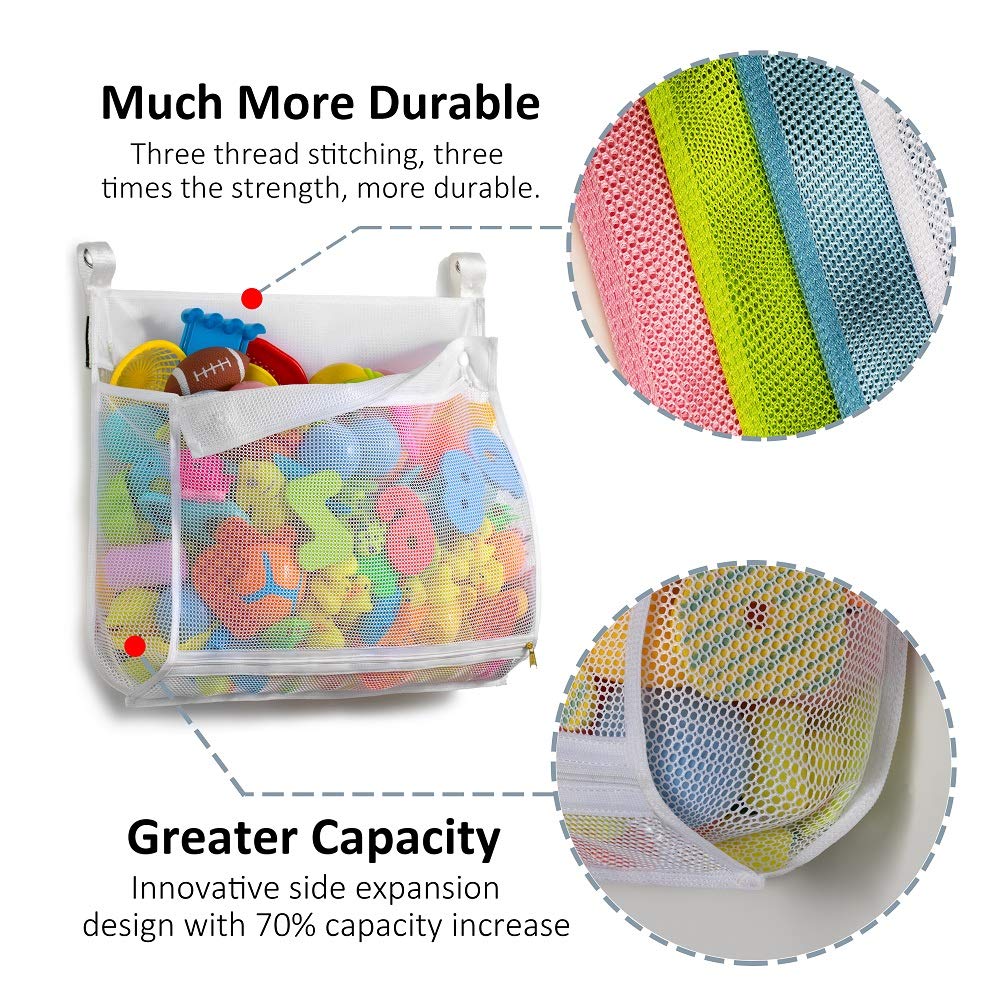 Tenrai Clever Zippered Mesh Bath Toy Organizer, Multiple Ways To Hang, Extra Large Opening Bathroom Toy Holder, Large Capacity Multi Use Bathtub Toy Storage Bag(1 Large, White)