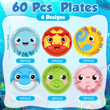 60PCS Under the Sea Party Decoration Ocean Creatures Birthday Paper Plates 7In Sea Animal Dessert Disposable Tableware Set for U