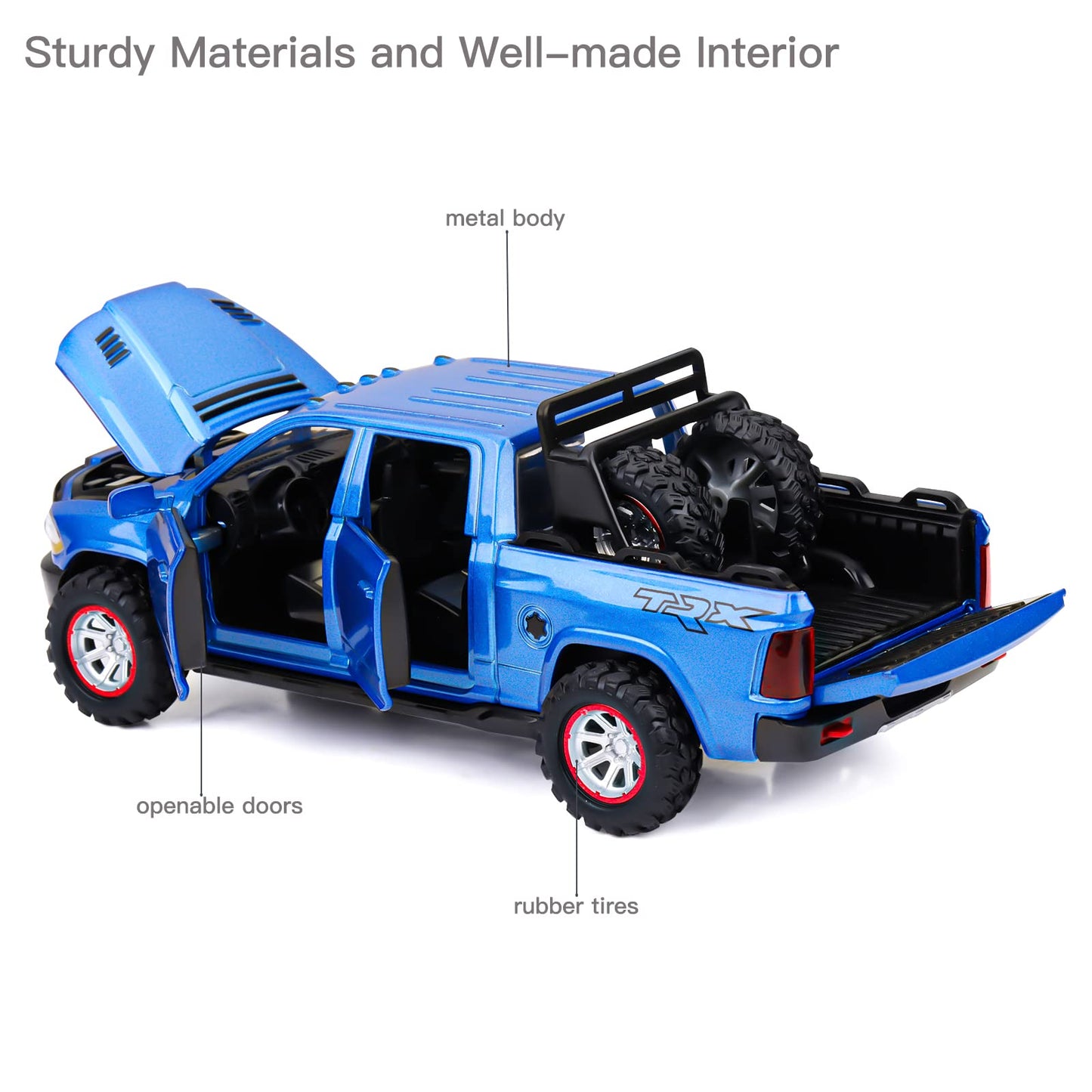 SASBSC RAM TRX 1500 Toy Trucks for Boys Diecast Metal Pickup Truck Toy Pull Back Model Cars with Light and Sound for Kids Aged 3