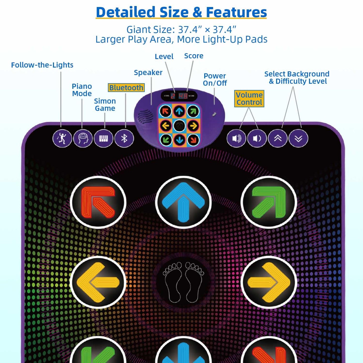 Sunlin Light Up Dance Mat For Boys Girls Ages 3 4 5 6 7 8, Fun Toy Gift W/ 9 Light Up Keys & Bluetooth, Interactive Music Pad W/ 4 Game Modes & Adjustable Volume, Birthday Gift For Kids 3-12