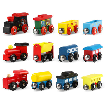 Wondertoys Wooden Train Cars 12 PCS Magnetic Set - 3 Engines, Colorful Natural Wood, Toddler-Friendly, Compatible with Major Brands