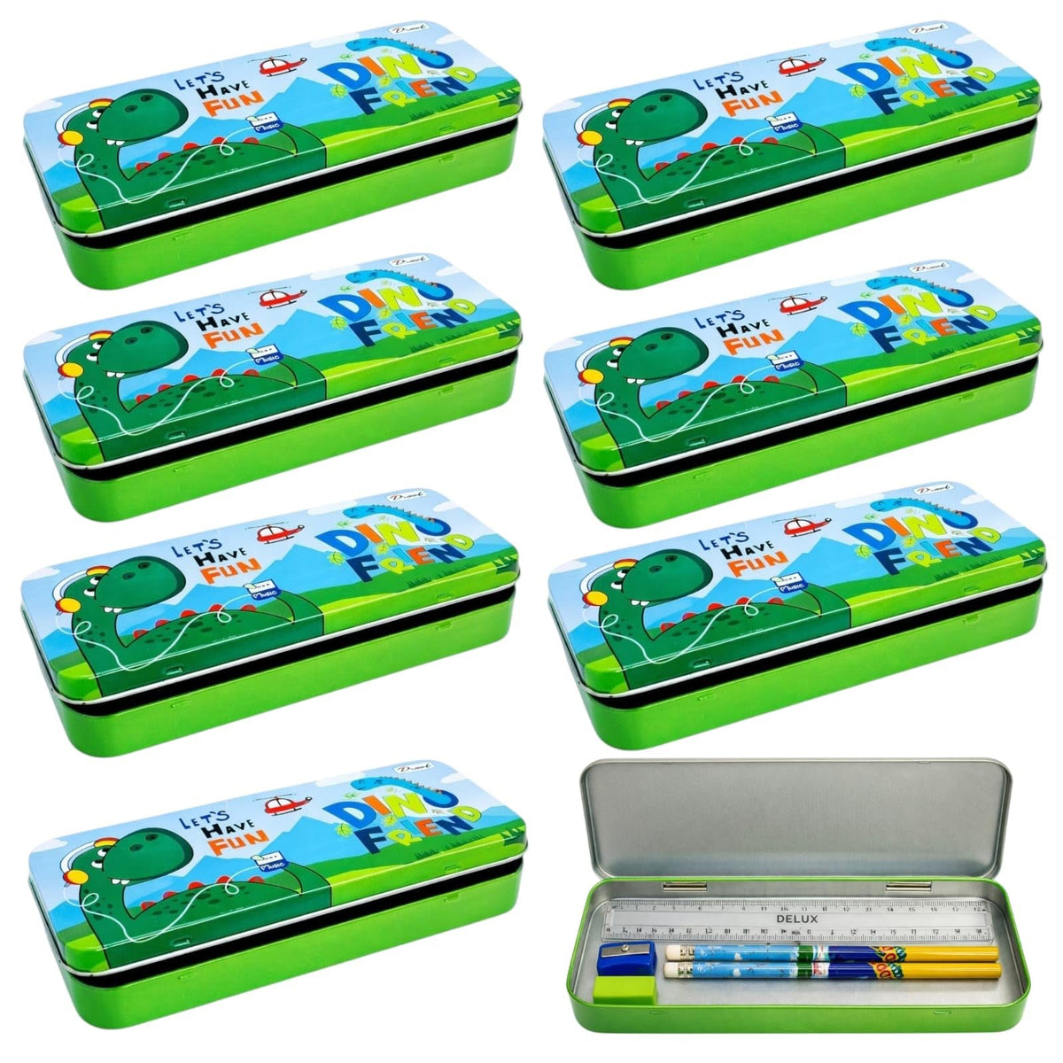 Tera 13 Dinosaur Pencil Box With Pencil, Eraser, Scale & Sharpener | Kanjak Gift & Return Gift | School Stationery Organizer | S