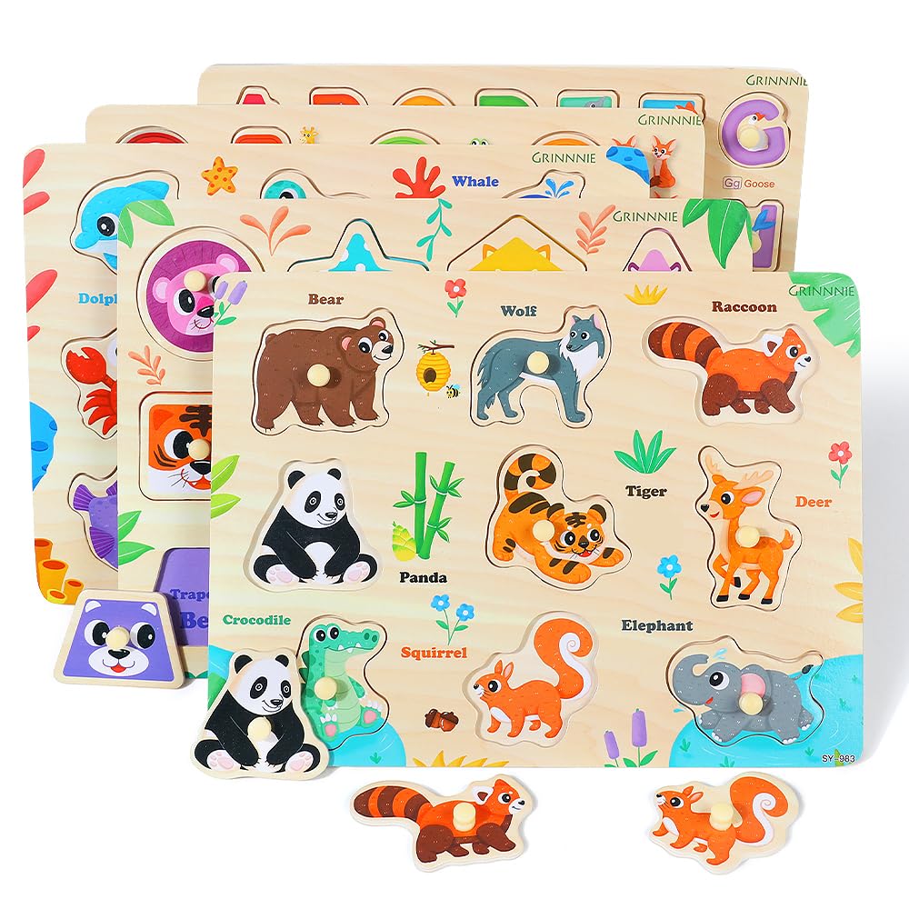 Grinnnie Wooden Puzzles For Toddlers 1 2 3 Years Old, Montessori Toddler Toys 5Pcs Peg Puzzles With Knob - Number, Alphabet, Shape, And Animal, Great Gifts For Boys Girls