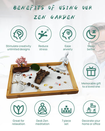 Melonva Japanese Zen Garden For Desk - Life Flows 12'' X 8'' Desktop Mini Zen Garden With White Sand Artificial Tree Rocks Rakes