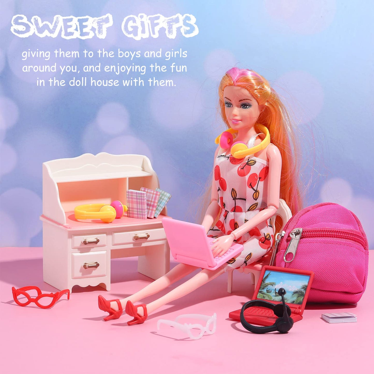 20 Pieces Mini Backpack For Dolls Dollhouse Accessories Include Tiny Micro Backpack With Zipper Laptop Books Headsets Sunglasses Cute School Scene Simulation Toys For 1/12 1/6 Scale(Classic Style)