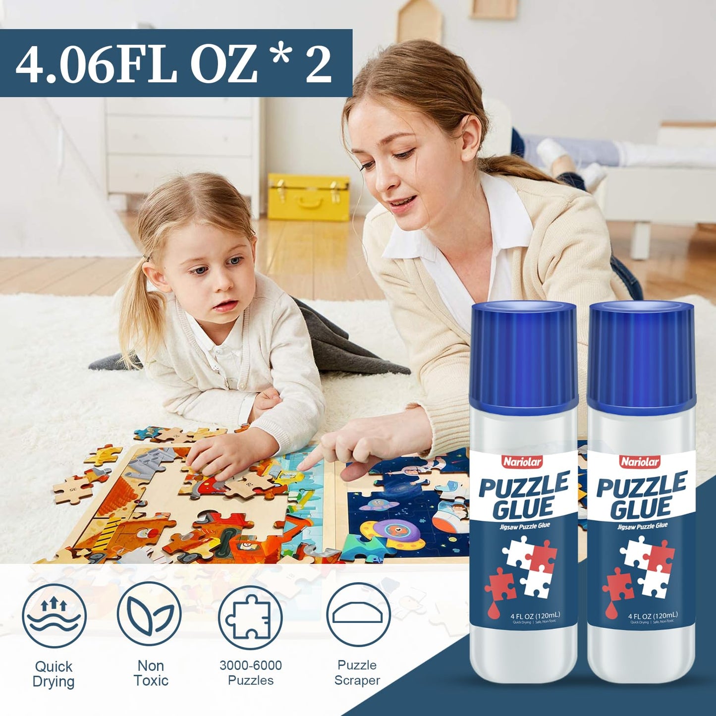 Nariolar Jigsaw Puzzle Glue Clear With Applicator Suitable For Fixing And Hanging Puzzles, Quick Drying, 4-Ounces, 2Pack