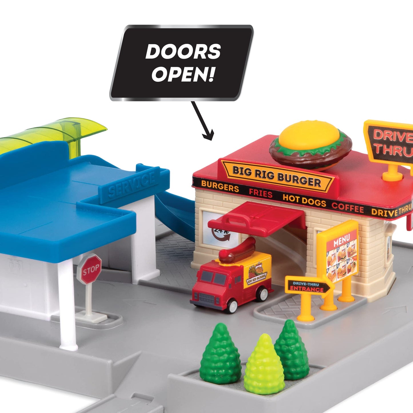 Driven By Battat Kids Gas Station & Drive-Thru Restaurant Playset With Food Truck - Toddler Boy Toys With Moving Parts - Compatible With Pocket Series Tracks - Toddler Toys