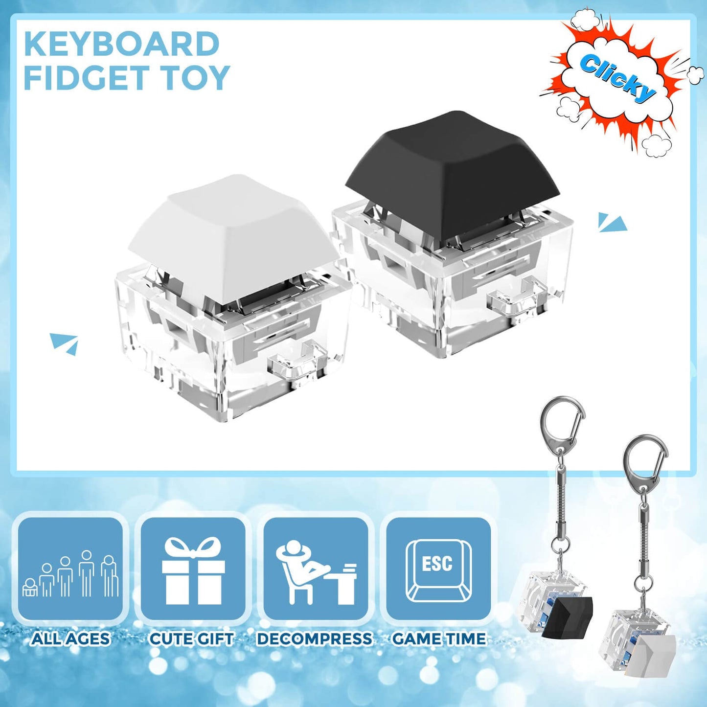 Keyboard Fidget Toys Keyboard Fidget Keychain Keyboard Decompression Toys Keyboard Fidget Toy Button Stress Relief Gifts for mature-themed and Kids Finger Clicker Toys ADHD Toy Cool Fidgets(White and Black)