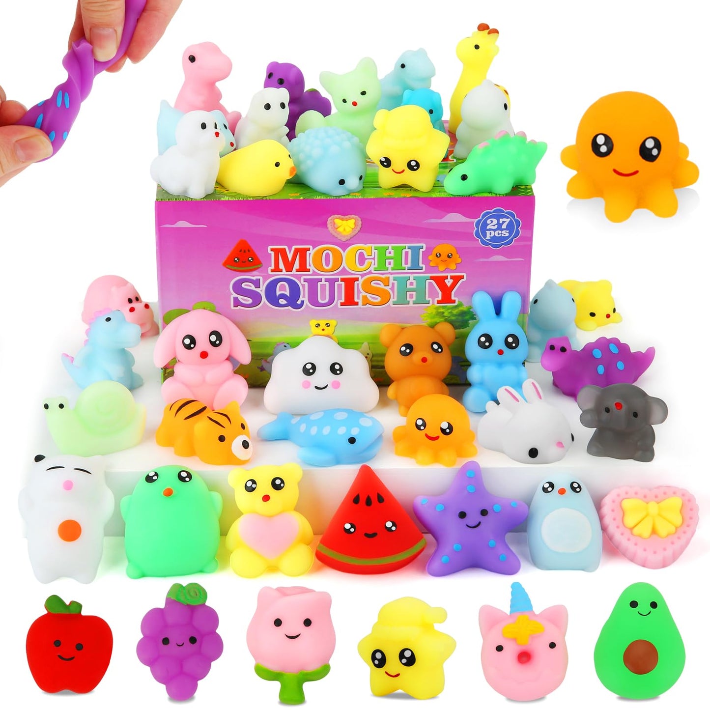 Mochi Squishy Toys, 27pcs Mini Kawaii Squishies Party Favors for Kids 4-8 8-12 Boys Girls Birthday Gifts Fidget Sensory Treasure