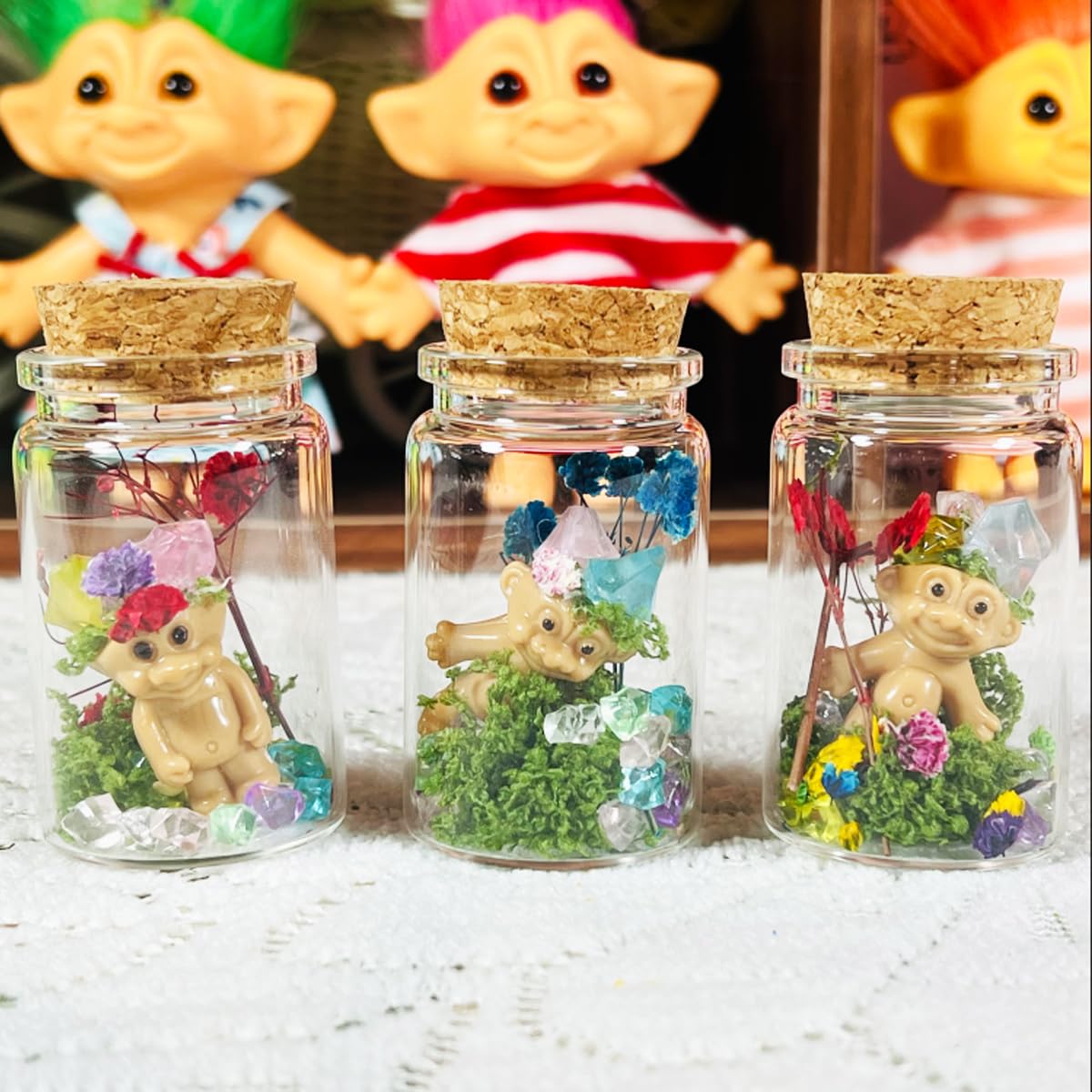 3Pcs Mini Troll Dolls Terrariums Handmade Diy Hand-Crafte Retro Vintage Troll Doll Encased In 3 Glass Bottles