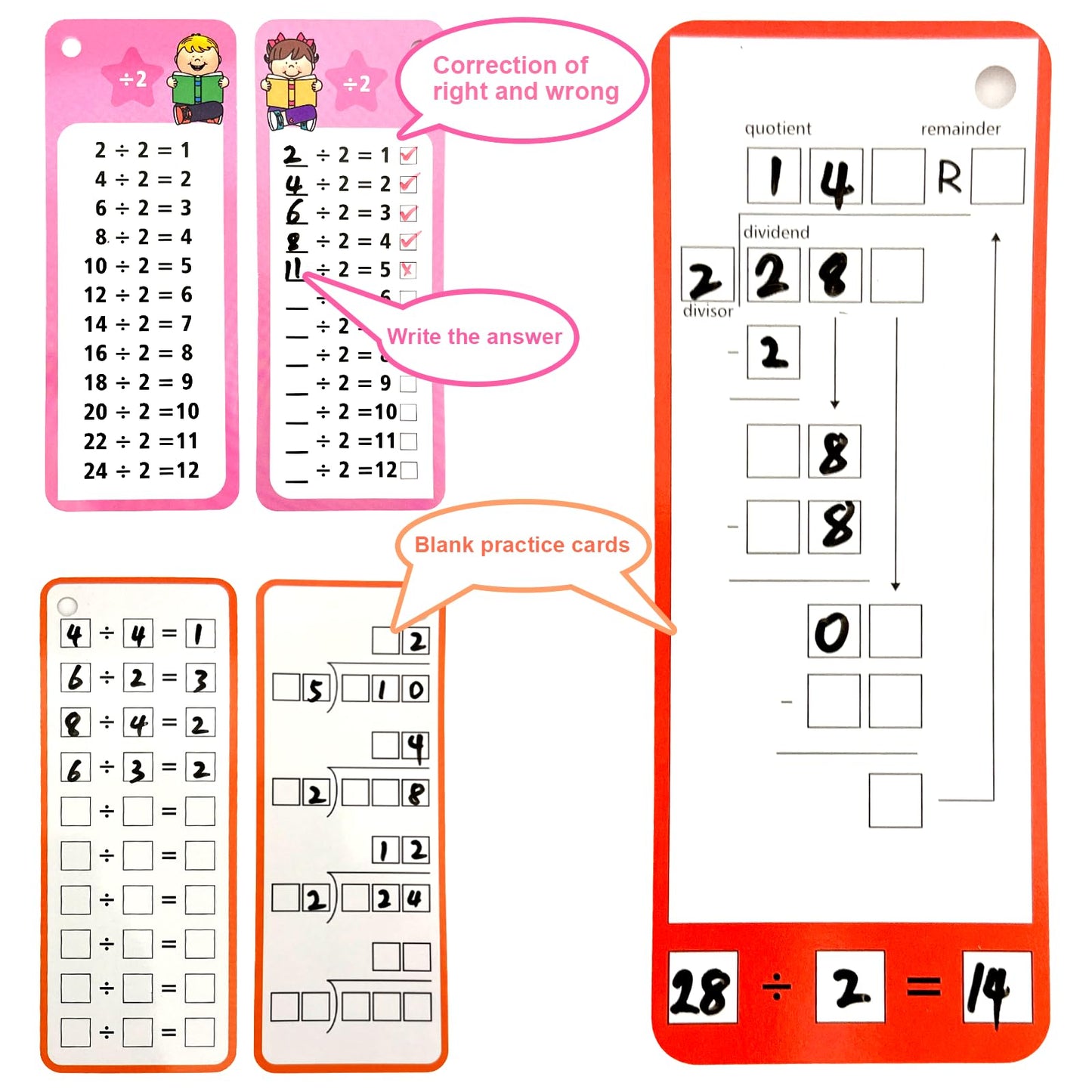Limque 1-12 Math Flash Cards With 6 Dry Erase Pens, 15Pcs Big Division Flash Cards + 36 Pcs Random Double-Sided Division Practic