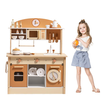 ROBOTIME Wooden Play Kitchen Set, Pretend Play Kitchen Wooden Toy Set for Kids w/Realistic Design, Kids & Toddlers Kitchen Plays