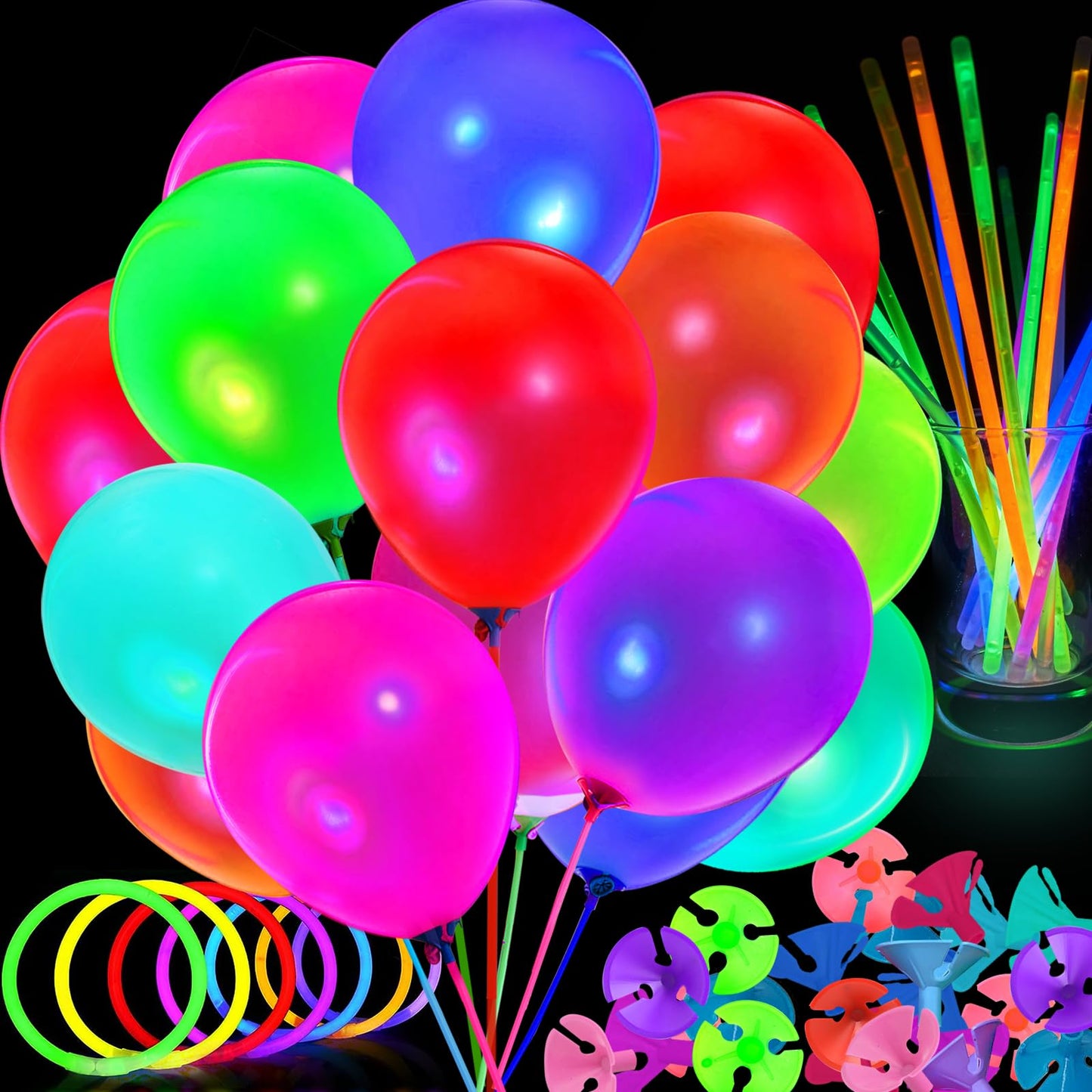 50 Pcs Uv Neon Balloons & 50 Pcs Glow Sticks & 50 Pcs Balloon Stick Holders For Glow In The Dark Birthday Decoration Wedding Glo
