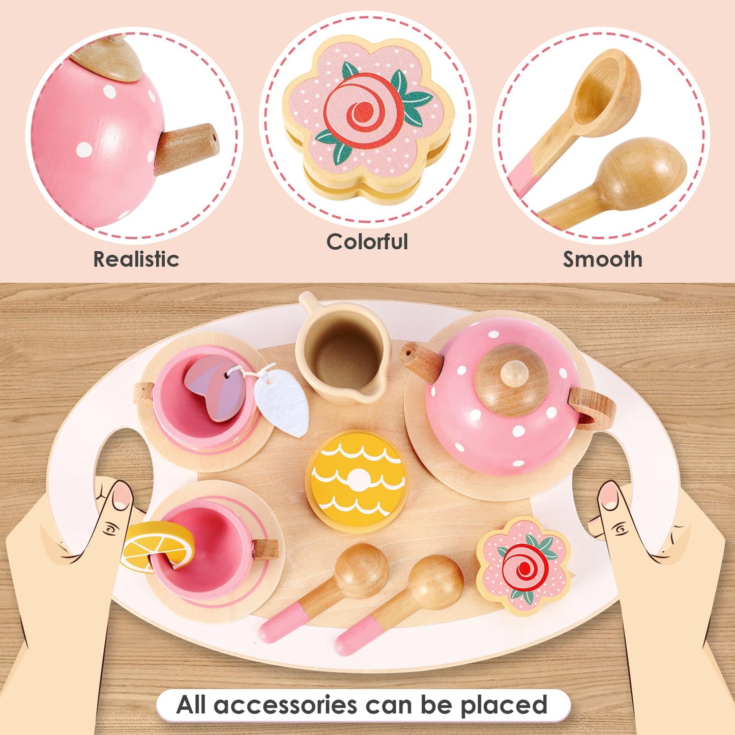 BUYGER Pretend Play Princess Tea Party Set for 3 4 5 6 + Year Old Wooden Kitchen Play Food Accessories Sets Gifts for Toddler Li