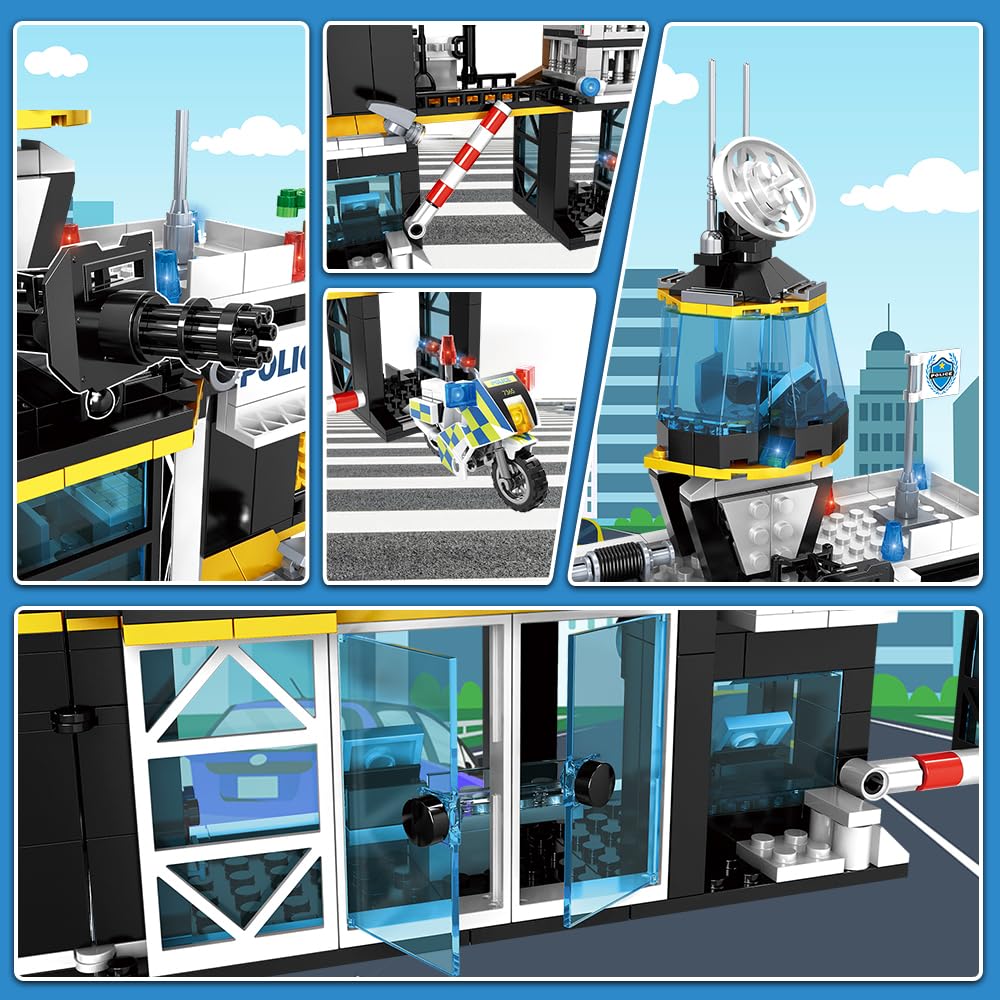 HOGOKIDS City Police Station Building Set - 1261 PCS STEM Blocks with Helicopter, Motorcycle & 2 Cars, Black, Model C0555A