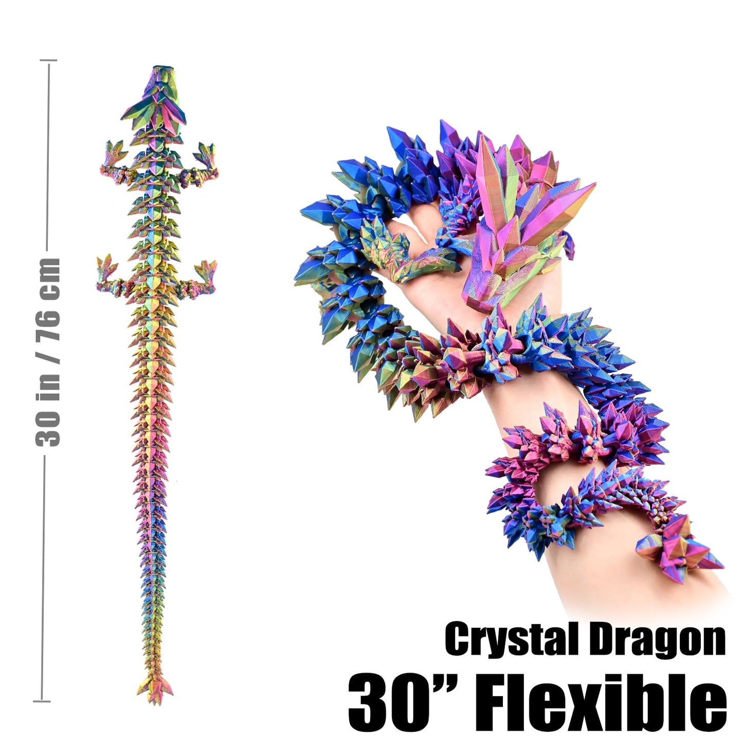 Locyfens Large 30'' 3D Printed Dragon, Articulated 3D Dragon Toys, Long Crystal Dragon Rainbow Red Yellow Blue