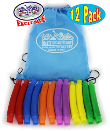 Matty's Toy Stop Pull 'N Pop Multi-Color Tubes (Toobs) with Storage Bag - 12 Pack