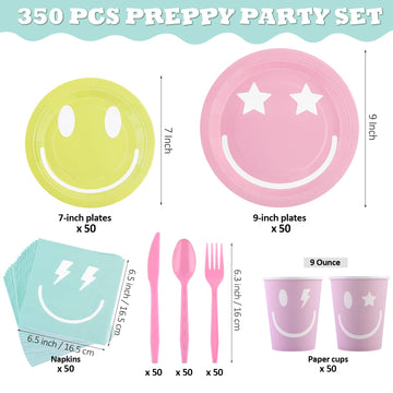 Durony 350 Pieces Preppy Smile Face Party Decorations Pastel Party Supplies Include Smiley Paper Plates Napkins Cups Forks Knive