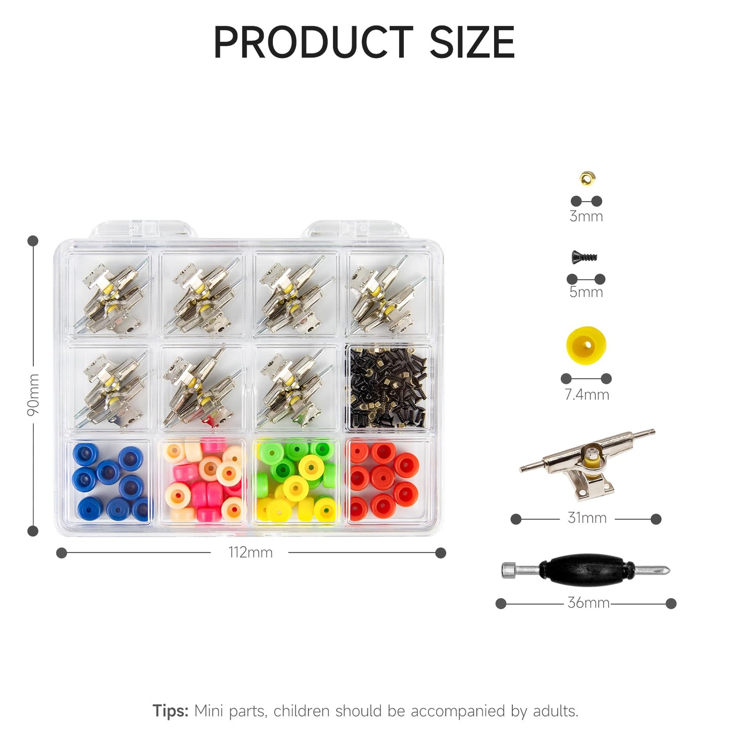 Displaymore Fingerboard Repair Kit -Includes Box & Tools-Mini 96Mm Finger Skateboard Parts Include 14 Brackets 48 Multicolour Wh