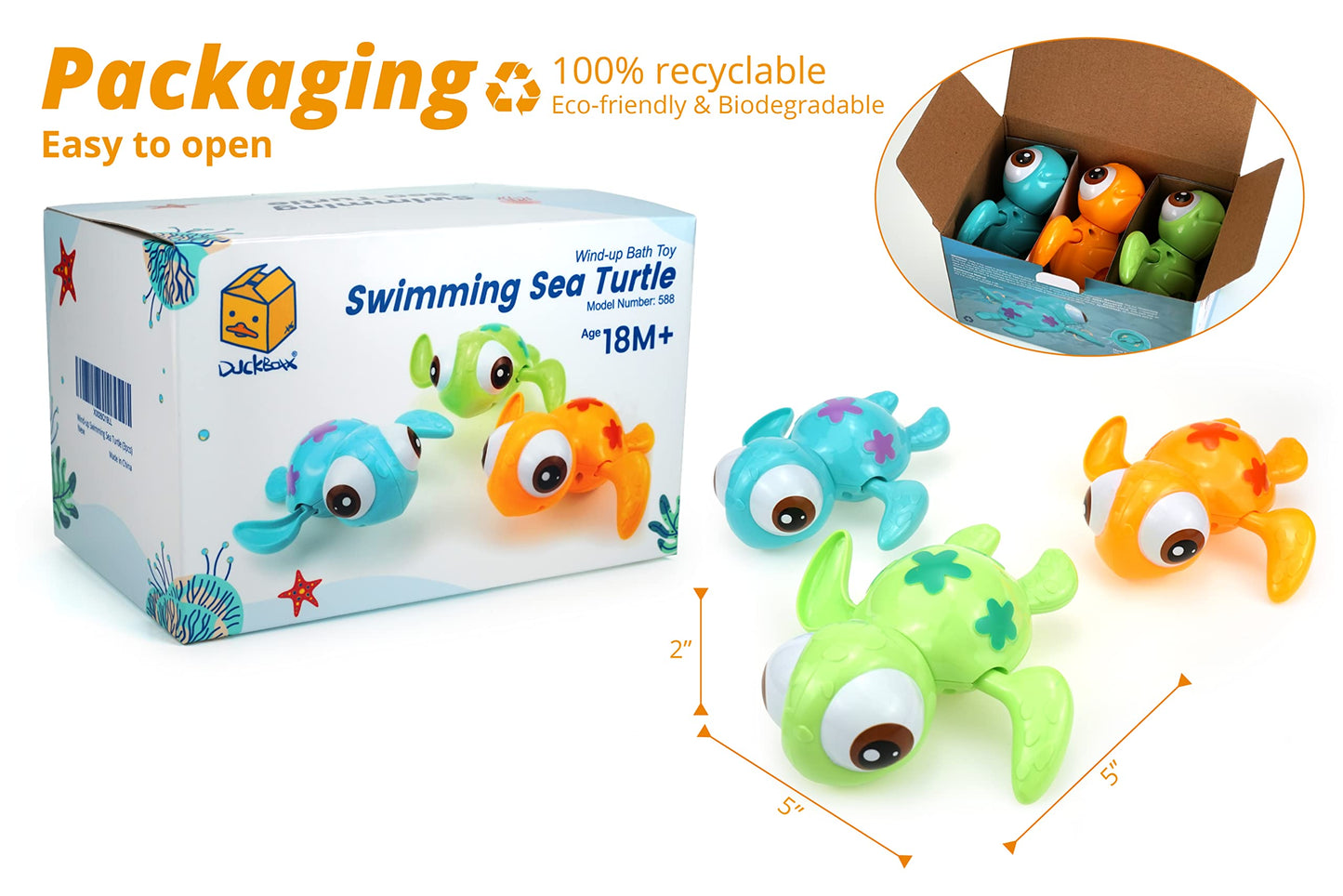DUCKBOXX XX Wind-up Swimming Sea Turtles Bath Toy, Mold-Free ABS, Multicolor, Small, Model 588, Interactive Montessori Toy for Kids 18M+ (3pcs)