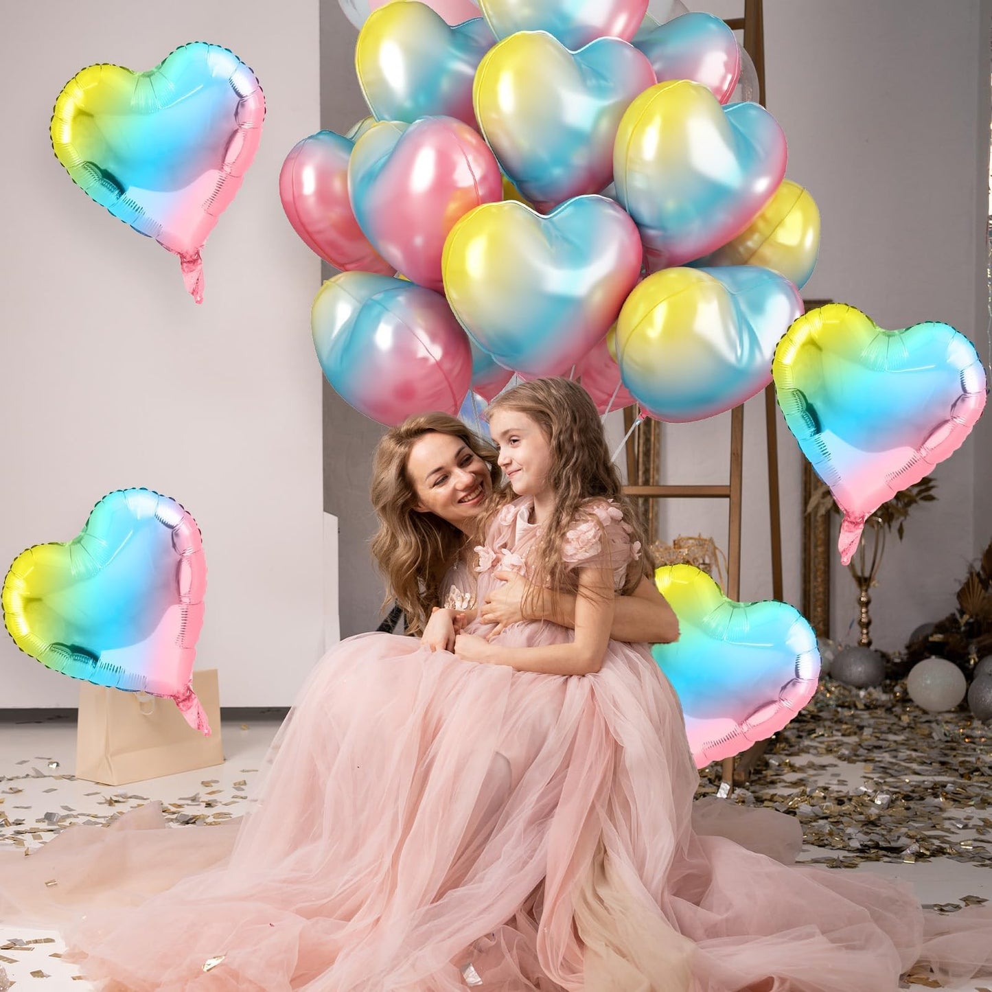 12 Pcs Heart Balloons, 18 inch Rainbow Heart Shaped Balloons, Big Heart Helium Balloons, Heart Love Foil Balloons for Wedding Ba