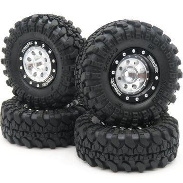 HOBBYSOUL RC 1.0 Beadlock Wheels and Tires, 1/24 Tires & Heavy Adjustable Offset 1.0 Wheels Black Silver for 1/24 RC Crawler Car
