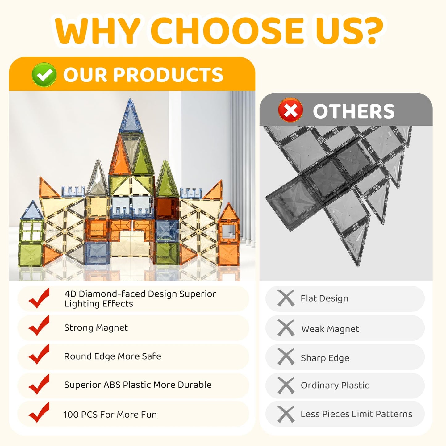 100 Pcs Magnetic Tiles, Brown Large Magnetic Blocks Building Set For Kids Age 3-5 4-8, Stem Magnet Toys 3D Kids Magnets Preschoo