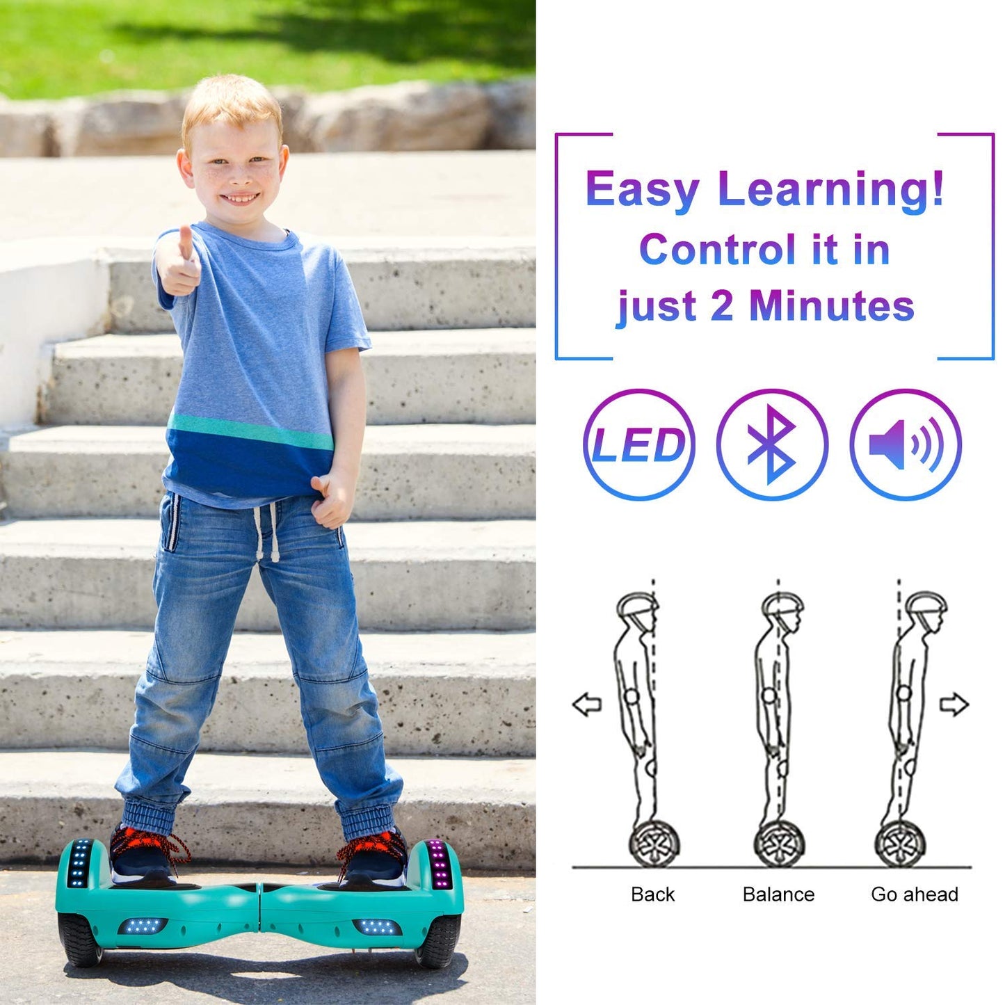 Sisigad Hoverboard For Kids Ages 6-12, With Built-In Bluetooth Speaker And 6.5'' Colorful Lights Wheels, Safety Certified Self B