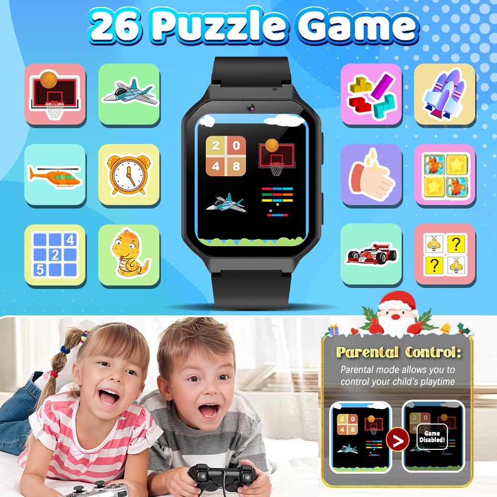Smart Watch For Kid Age 4 5 6 7 8 9 10 Boys Girls Learning Toy With 26 Puzzle Game 1.69' Touch Screen Hd Camera Video Music Player Alarm Clock Storybook Pedometer Christmas Birthday Gift Idea (Black)