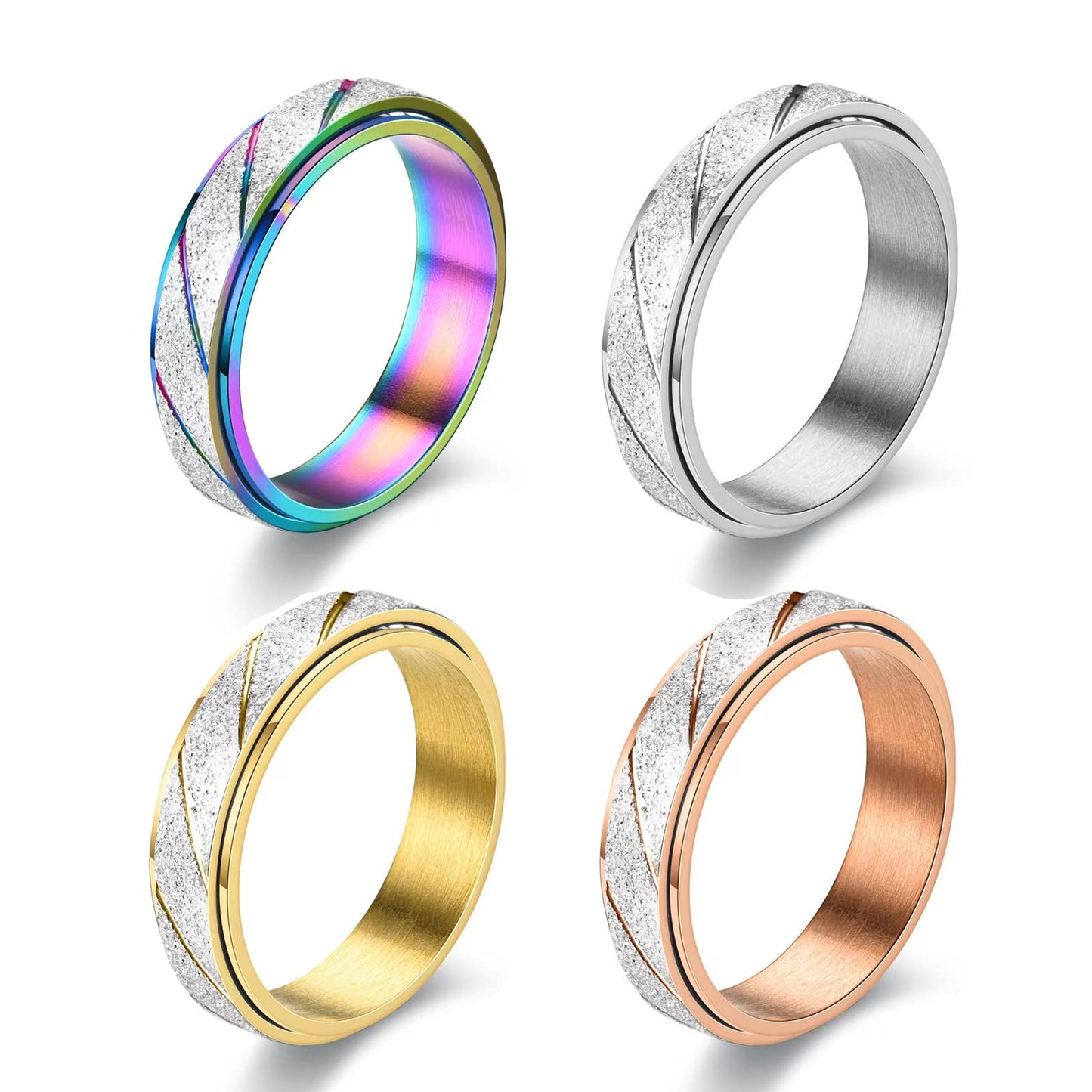 SHOLLY Anxiety Rings Fidget for Women Stress Relief Spinner Teen Girls 4Pcs 6MM Titanium Steel Size 5-11 (6mm 4pcs/ Frosted+Diag
