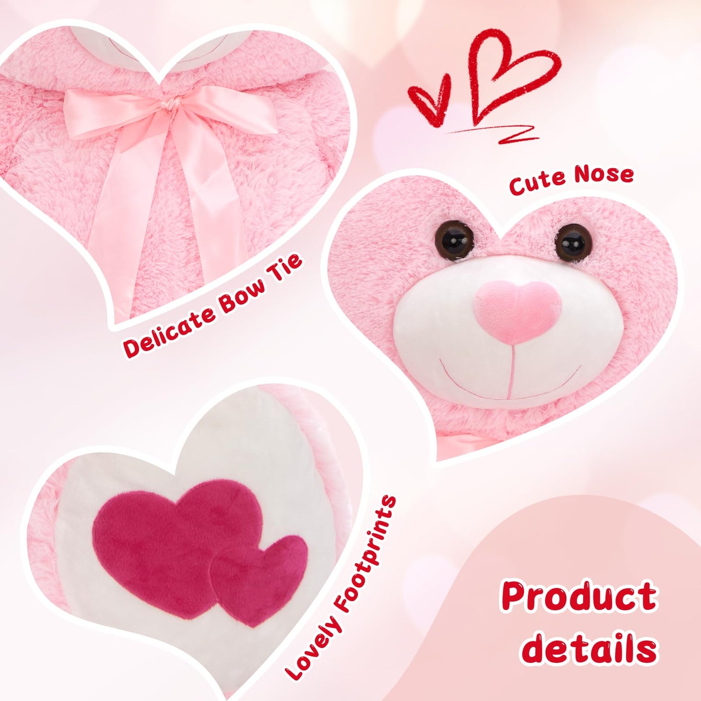 Tezituor Giant Teddy Bear Stuffed Animal 4Ft - Big Pink Teddy Bear With Love Red Heart - Large Stuffed Bear Plush Toys For Kid Christmas Birthday - Valentines Bear Gift For Girlfriend