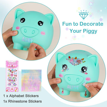 Piggy Bank Girls, Unbreakable Piggy Banks Large Money Coin Bank For Kids With Diy Stickers, For Birthday, Easter, Baby Shower, Green