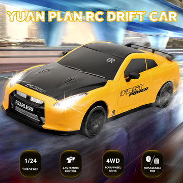 YUAN PLAN Remote Control Car 1/24 2.4GHz 4WD RC Drift Car, Rechargeable High Speed RC Cars with Cool Lights, Batteries and Extra